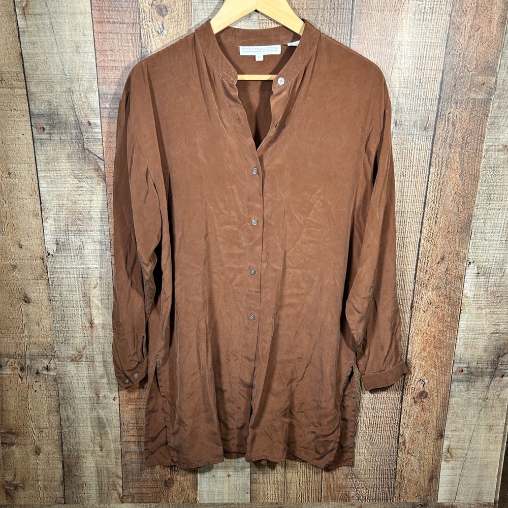 Preston & York Womens M 100% Silk Brown Oversized Button Down Longline Tunic Top